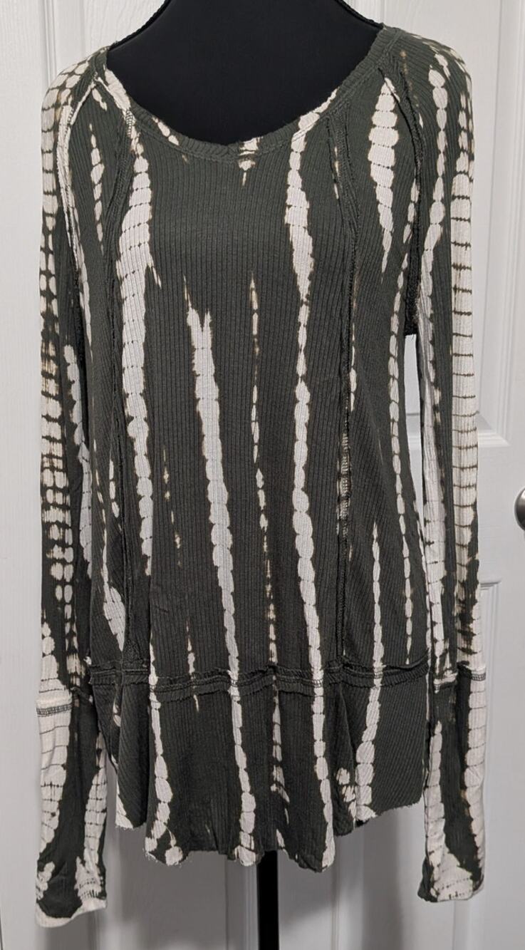Knox Rose Olive Green Tie Dye Ribbed Knit Tunic Top Long Sleeve Boho Shirt XS